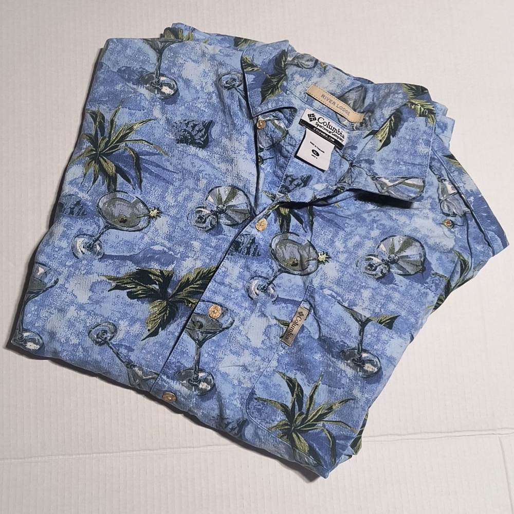 Columbia River Lodge Hawaiian Shirt Mens XL Cocktails Ocean Blues Button Up
